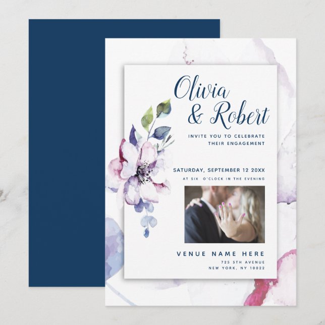 Ihr Foto Aquarellblüten Einladung (Vorne/Hinten)