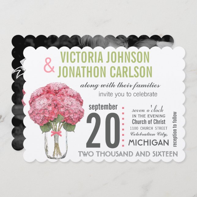 Ihr Foto auf Back Hydrangea in Mason Jar Einladung (Vorne/Hinten)