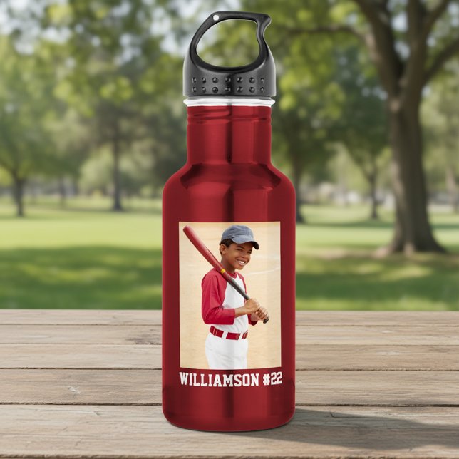 Ihr Foto Baseball oder Ihr Sport Rot Edelstahlflasche (Customize with photo, name and team number.)