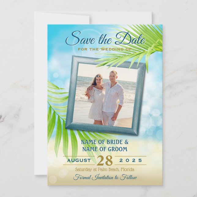 Ihr Foto Beach Hochzeit tropischen Palmen Blätter Save The Date (Vorderseite)