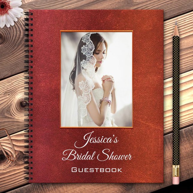 Ihr Foto Brautparty Gästebuch Spiral Notebook Notizbuch (Bridal notebook featuring your photo framed by rose gold and rustic weathered leather - guestbook)