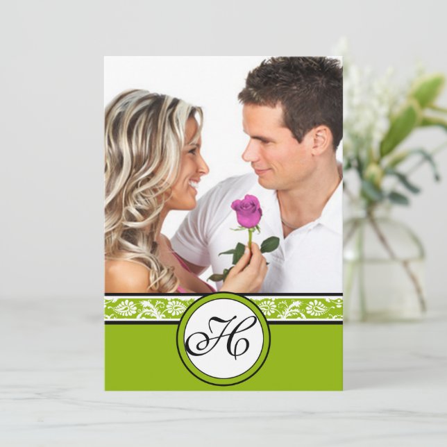 Ihr Foto Damask Apple Green Wedding Einladung (Stehend Vorderseite)