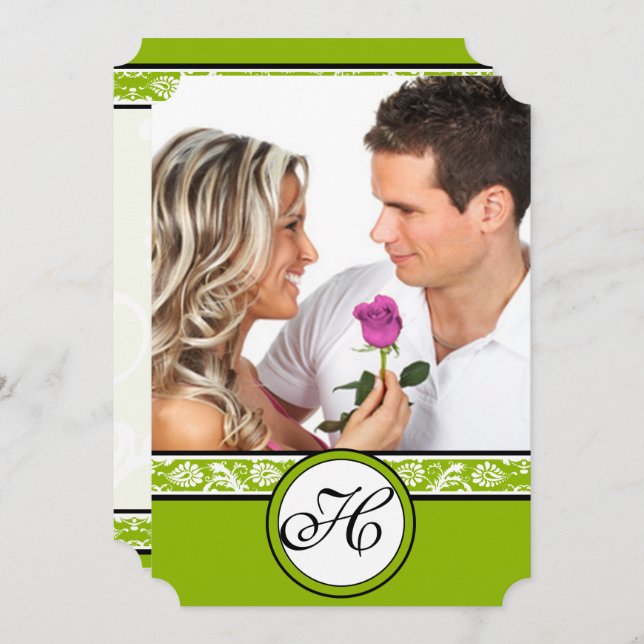 Ihr Foto Damask Apple Green Wedding Einladung (Vorne/Hinten)