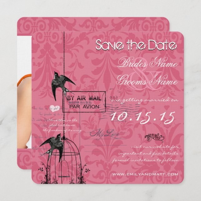 Ihr Foto Damask Bird Cage Wedding Save the Date Einladung (Vorne/Hinten)