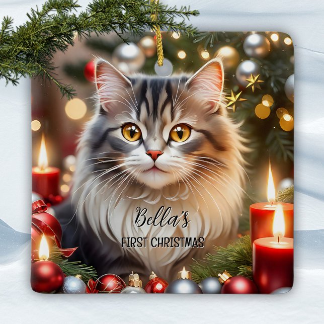 Ihr Foto Erste Weihnachtskiste Keramikornament (Christmas ornament featuring your custom cat (or other) photo with optional gold stylized stars)
