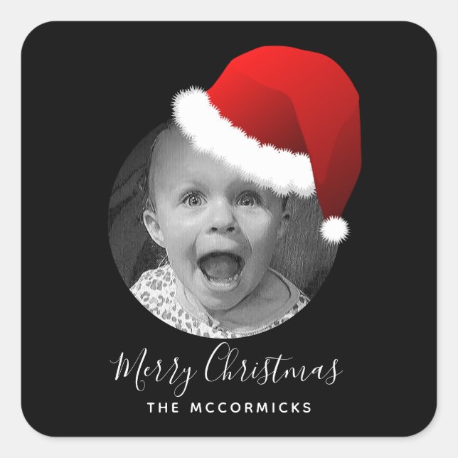 Ihr Foto Funny Christmas Weihnachtsmannmütze Famil Quadratischer Aufkleber (Vorderseite)