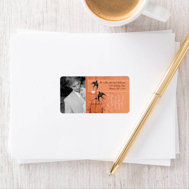 Ihr Foto Hochzeit Vintagen Vogelkäfig KorallenDama Adressaufkleber (Insitu)