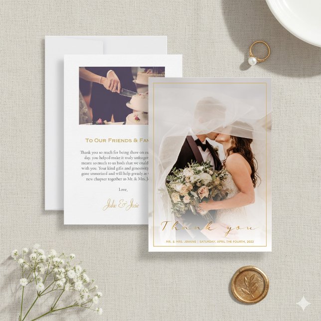 Ihr Foto, Ihre Goldschrift und Ihre Grenze Dankeskarte (Your wedding photo, gold script and border thank you card.)