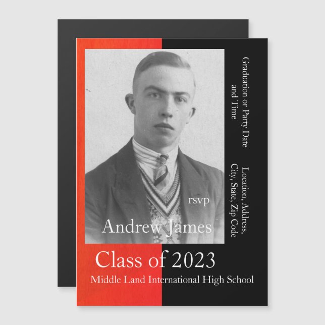 Ihr Foto in Rot und Schwarz - Klasse 2023 Magneteinladung (Vorne/Hinten)