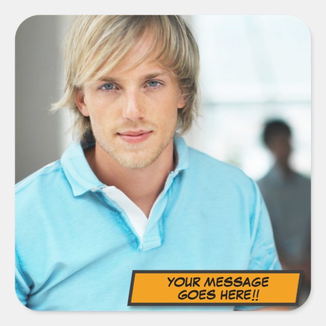 Ihr Foto Message Fun Retro Comic Book Pop Art Quadratischer Aufkleber (Vorderseite)