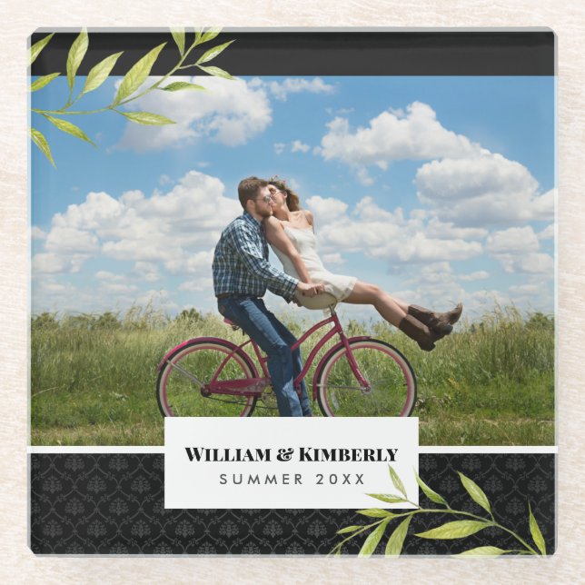 Ihr Foto mit Laurel und Damask personalisiert Glasuntersetzer (Vorderseite)