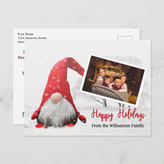 Ihr Foto mit Snowy Gnome Happy Holidays Postkarte (Vorne/Hinten)