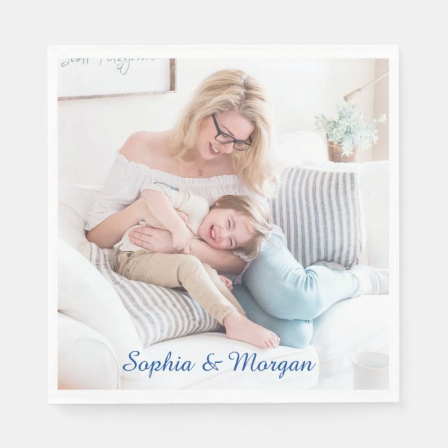 Ihr Foto & Name(n) in Blue Script Serviette (Vorderseite)