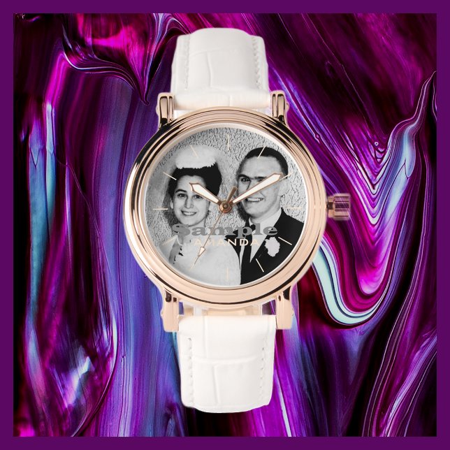 Ihr Foto Name Rose Gold Frauen Weiß Band Handgelen Armbanduhr (Von Creator hochgeladen)