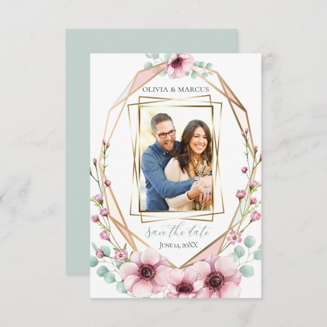 Ihr Foto Rosa Anemone Blume Eukalyptus Einladung (Vorne/Hinten)