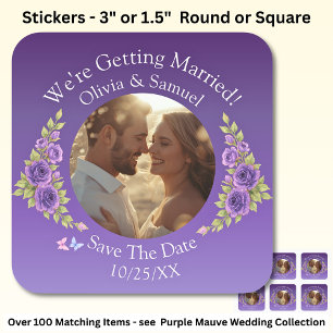 Ihr Foto, Save the Date, Lila Mauve-Blume Quadratischer Aufkleber