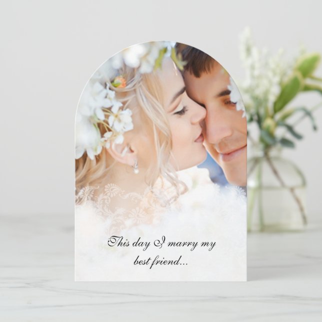 Ihr Foto Vintag Damask Black Schriftart Hochzeit Einladung (Stehend Vorderseite)