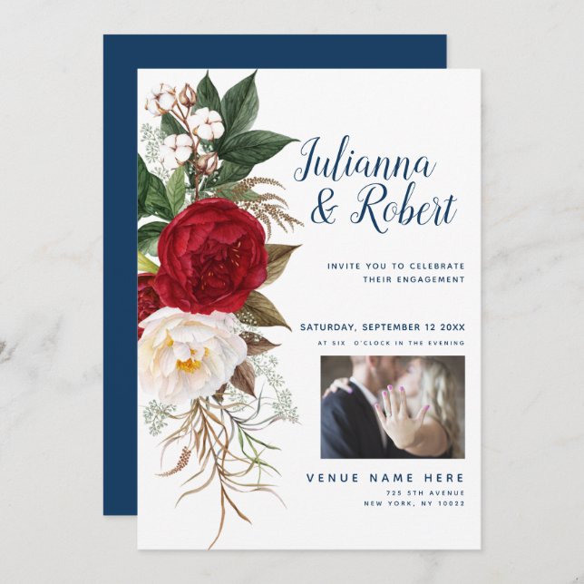 Ihr Foto Watercolor Floral Navy Burgund Einladung (Vorne/Hinten)