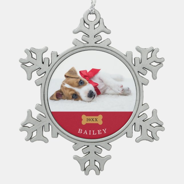 Ihr Hund ist das erste Weihnachten | Rot mit Foto Schneeflocken Zinn-Ornament (Vorderseite)