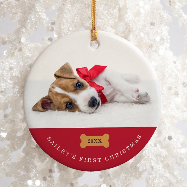 Ihr Hund ist das erste Weihnachten | Rot mit zwei  Keramik Ornament (Von Creator hochgeladen)