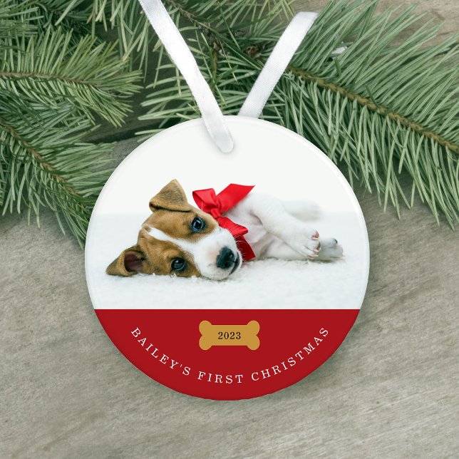 Ihr Hund ist das erste Weihnachten | Rot mit zwei  Ornament (This cute, red holiday ornament features two photos of your dog and is the perfect puppy keepsake)