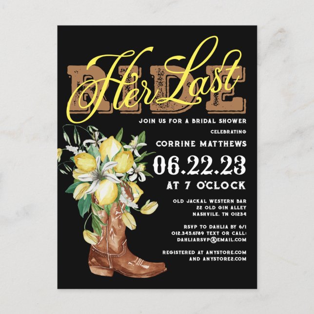 Ihr letztes Cowgirl Boots Lemons Brautparty Postkarte (Vorderseite)