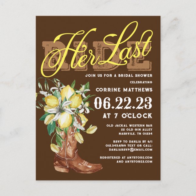 Ihr letztes Cowgirl Boots Lemons Brautparty Postkarte (Vorderseite)