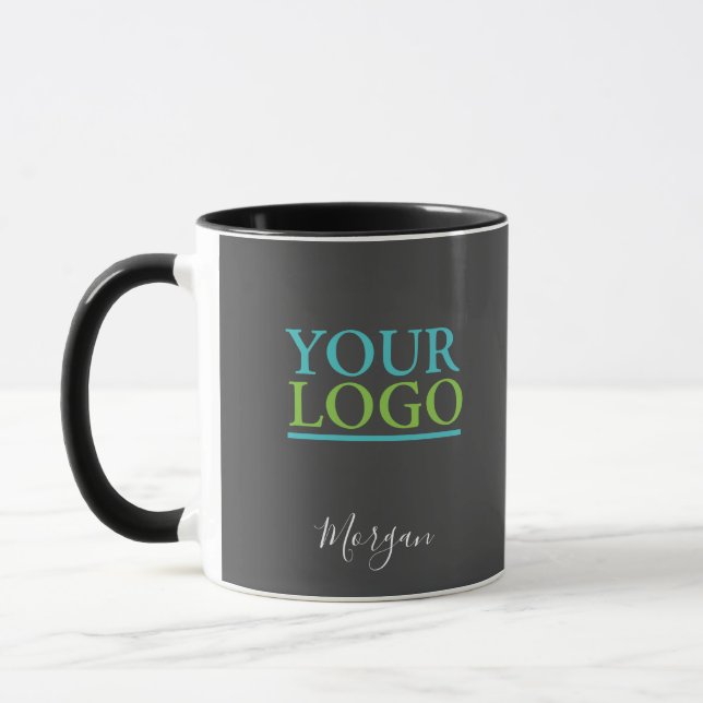 Ihr Logo/Art/Foto, Name White Script, Dunkelgrau Tasse (Links)