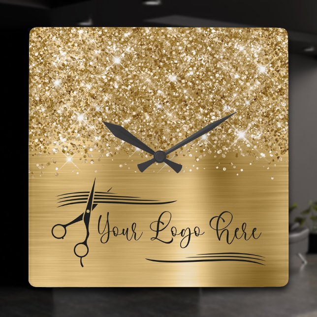 Ihr Logo Glittery Gold Glam Quadratische Wanduhr (Gold Glitter and Foil Logo Square Wall Clock)