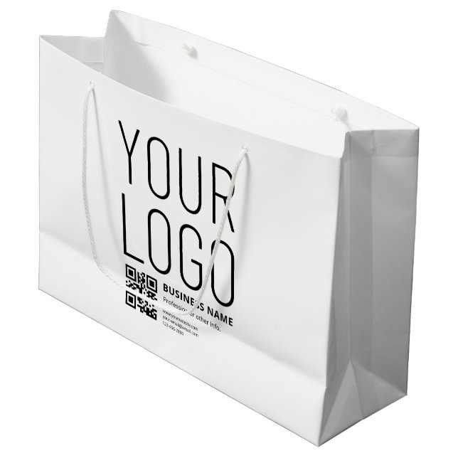 Ihr Logo mit editierbarem QR-Code und Text Große Geschenktüte (Vorderseite Schrägansicht)