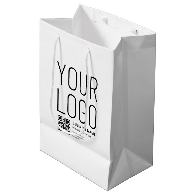 Ihr Logo mit editierbarem QR-Code und Text Mittlere Geschenktüte (Vorderseite Schrägansicht)