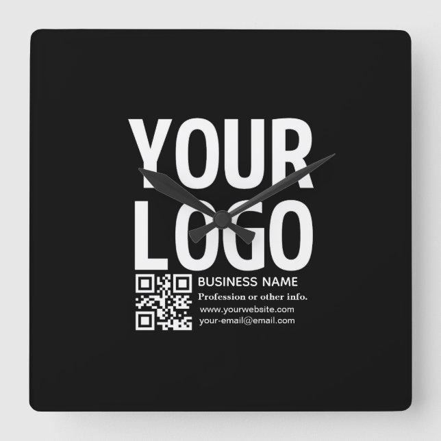 Ihr Logo mit editierbarem QR-Code und Text  Quadratische Wanduhr (Vorderseite)