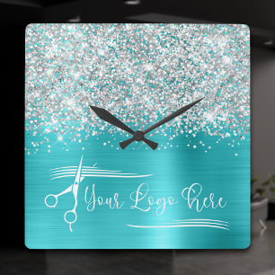 Ihr Logo Silber Glitter Türkis Blau Glam Quadratische Wanduhr