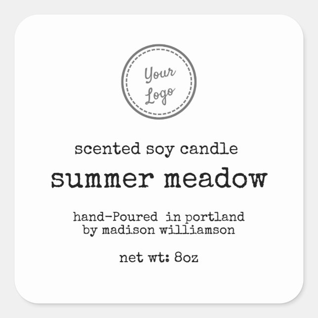 Ihr Logo Simple Soy Candle |Schreibmaschinentext Quadratischer Aufkleber (Vorderseite)