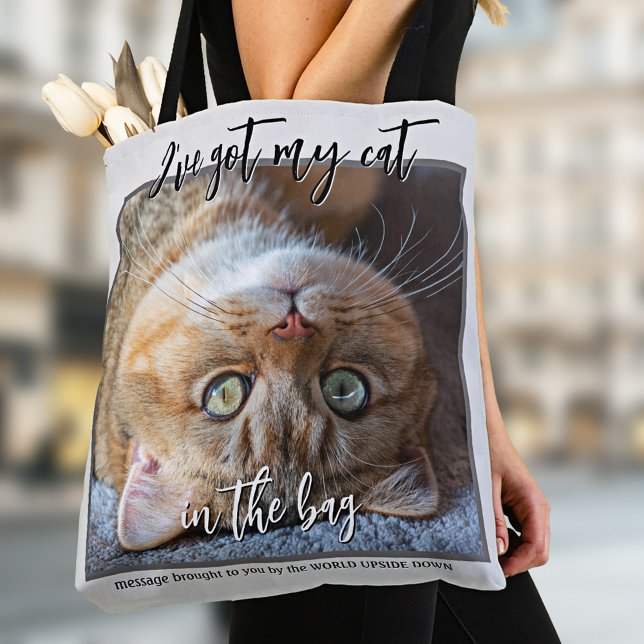 Ihr lustiges Foto im Beutel Tote Beutel (Tote bag featuring your custom cat (or other) photo and (funny or other) texts on neutral grey blue)