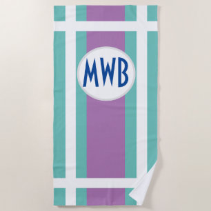 Ihr Monogramm auf aquamarinem u. Lila, mit weißen Strandtuch