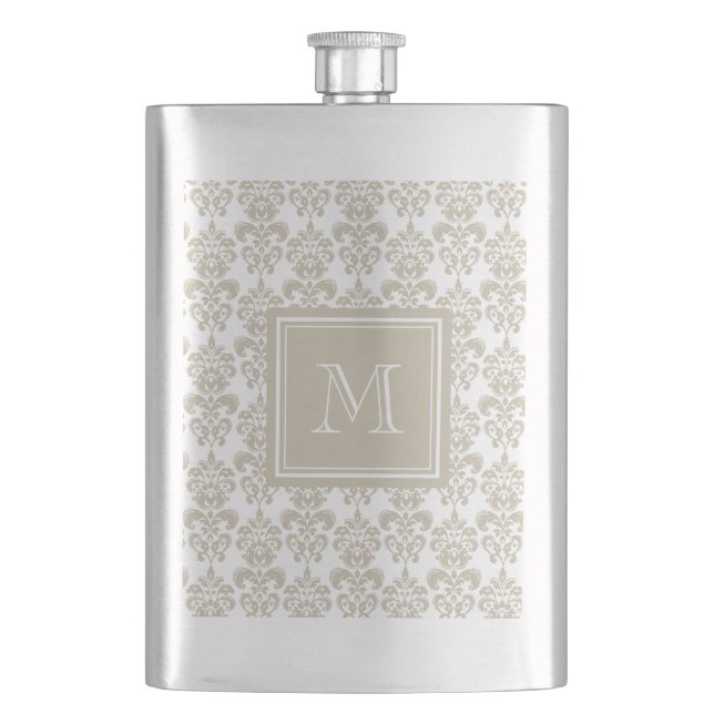Ihr Monogramm, beige Damast-Muster 2 Flachmann (Vorderseite)