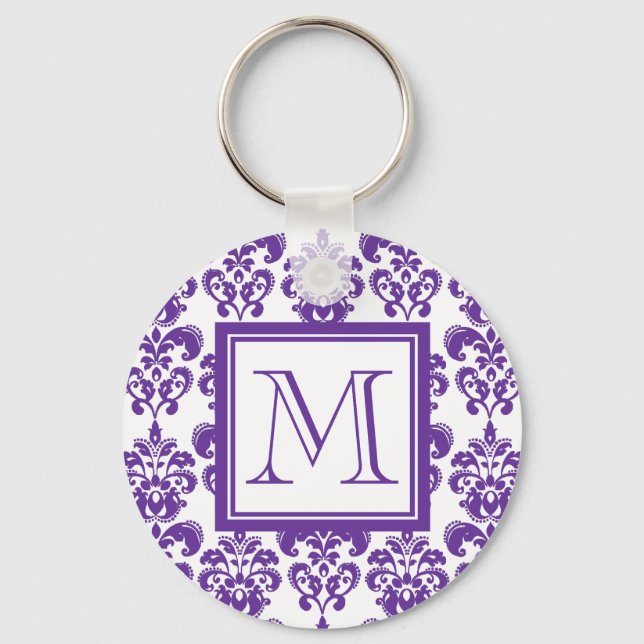 Ihr Monogramm, dunkles Lila Damaskusmuster 2 Schlüsselanhänger (Vorderseite)