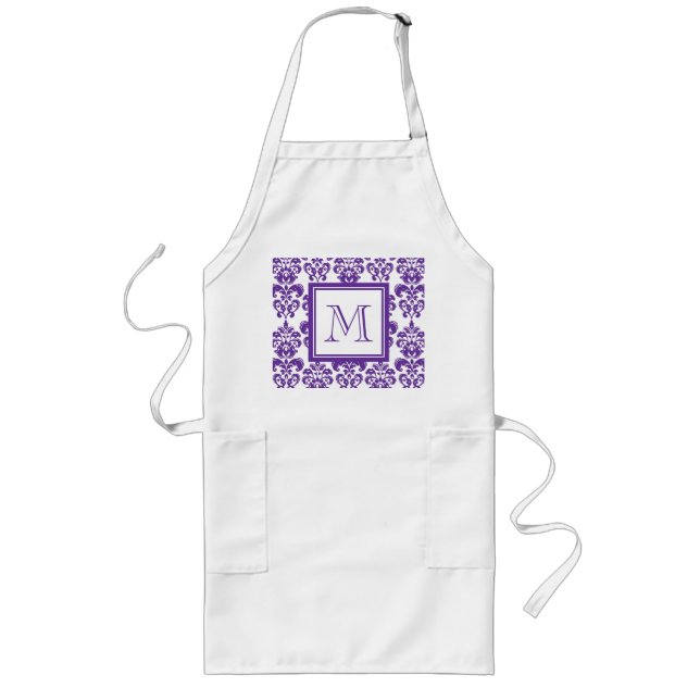 Ihr Monogramm, dunkles lila Damast-Muster 2 Lange Schürze (Vorne)