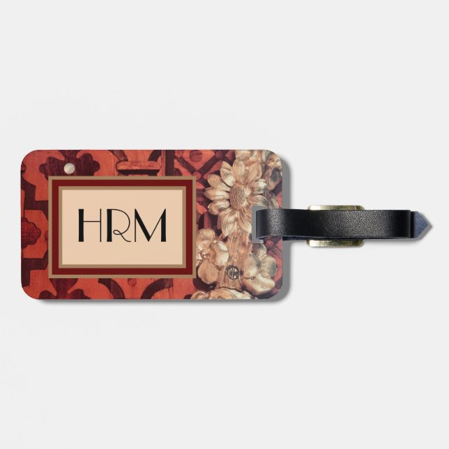 Ihr Monogramm, eingelegtes Holz- u. Goldblumenbild Gepäckanhänger (Rückseite horizontal)