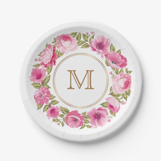 Ihr Monogramm in Blume-Rahmen-Tellern Pappteller (Vorderseite)