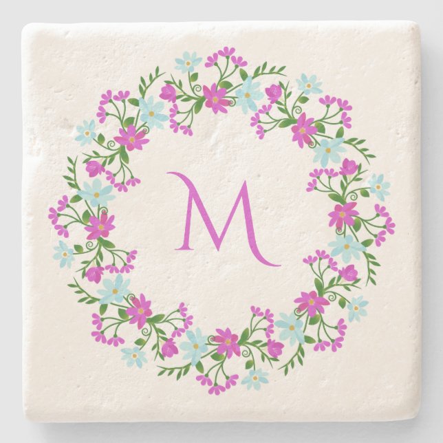 Ihr Monogramm in Blume-Rahmen-Untersetzer Steinuntersetzer (Vorderseite)