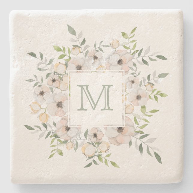 Ihr Monogramm in Blume-Rahmen-Untersetzer Steinuntersetzer (Vorderseite)