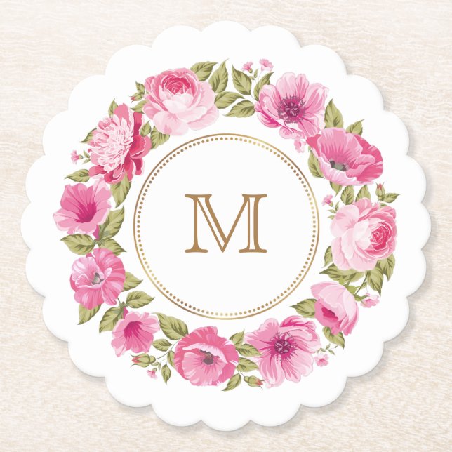 Ihr Monogramm in Blume-Rahmen-Untersetzer Untersetzer (Vorderseite)