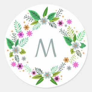 Ihr Monogramm in einer Blume-Rahmen-Aufkleber Runder Aufkleber