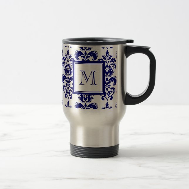 Ihr Monogramm, Marine-Blau-Damast-Muster 2 Reisebecher (Rechts)