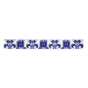 Ihr Monogramm, Marine-Blau-Damast-Muster 2 Satinband