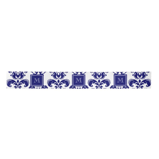Ihr Monogramm, Marine-Blau-Damast-Muster 2 Satinband (Vorderseite)