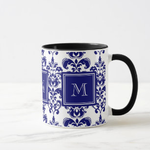 Ihr Monogramm, Navy Blau Damast-Muster 2 Tasse