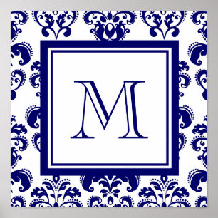 Ihr Monogramm, Navy Blue Damask Muster 2 Poster